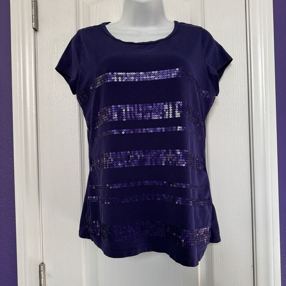 Ann Taylor Petite Purple Sequin Striped Short Sleeve Top Shirt Size Large Petite